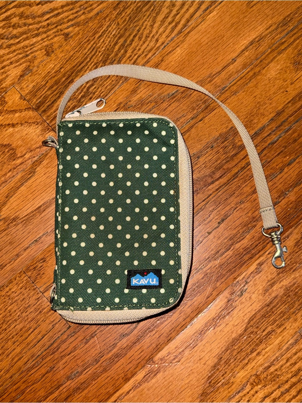 Kavu Green Polka Dot Wristlet Phone Pouch with Cream Strap